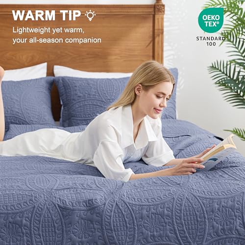 Oversized King Quilt Set with Pillow Shams - Bluish Grey Coin Pattern Bedding