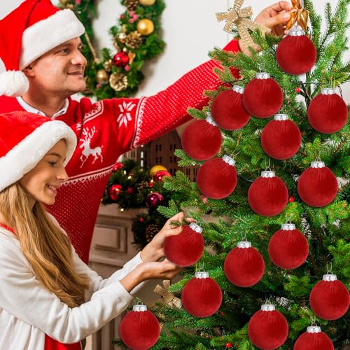 Afniimyapt 3.14 inch Red Velvet Christmas Ornaments, 16 Pcs with Silver Lids and Ropes