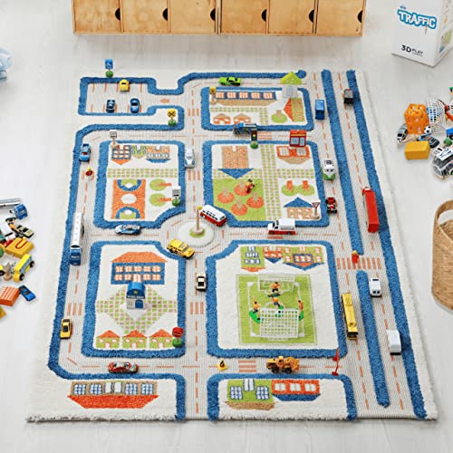IVI Traffic Blue 3D Play Rug, 39 x 59 inches - Playmat for Toddler Play