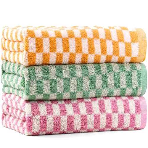 Large Checkered Cotton Bath Towels Set - 55x28 Inches, 600 GSM, 3 Pack - Orange Green Pink Variation