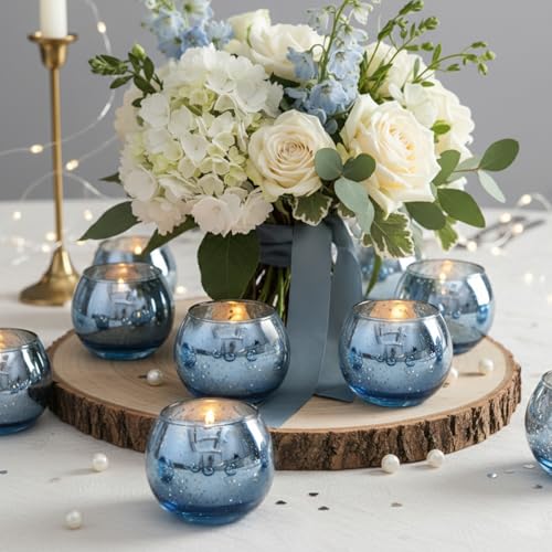LAMORGIFT 24 Pcs Blue Votive Candle Holders - Blue Mercury Glass Centerpieces for Wedding Decor