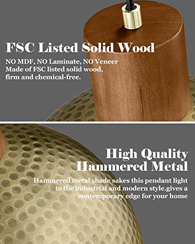 Brass 2 Pack Hammered Pendant Lights - 12” Vintage Metal & Wood Dome Hanging Lamps for Kitchen, Dining, Island, Farmhouse, Hallway