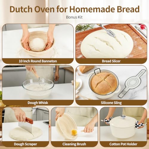 Enameled Cast Iron Dutch Oven Pot 6.5 QT with Lid - Cream White for Bread Baking