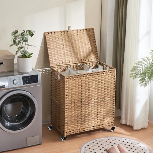 Natural Laundry Hamper with Wheels & Lid, 50.2 Gallons, 3-Section Rattan Basket