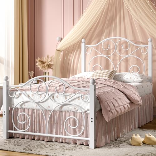 Twin Metal Bed Frame with Headboard Footboard Support - White, Easy Assembly