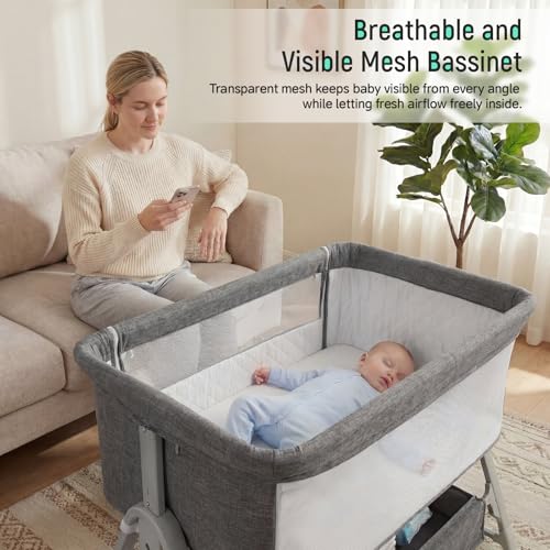 Cowiewie Dark Gray 3-in-1 Baby Bassinet Bedside Sleeper with Wheels & Storage