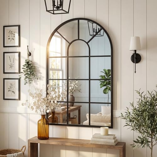 Black Arched Window Mirror 32x20 Inches - Farmhouse Wall Decor for Living Room & Entryway