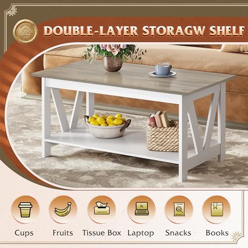 WLIVE 39.4-Inch Farmhouse Coffee Table with Storage Shelf - White, Variation of White / 39.4"