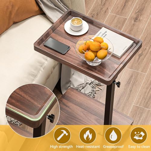 Walnut Brown Adjustable C End Side Table with 360° Swivel & Wheels, Space-Saving Sofa & Bed Snack Table - XNSDXV