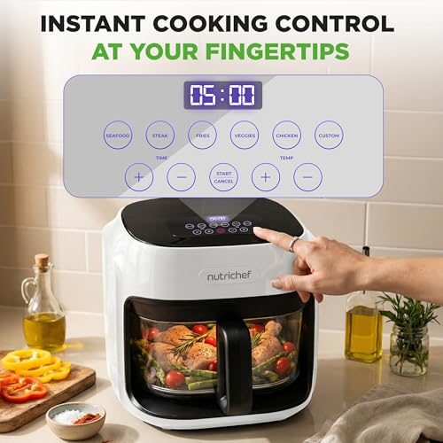 NutriChef 7.5 Quart Family Size Air Fryer with Glass Bowl - White