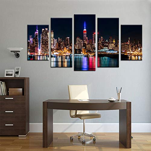 NYC Skyline Wall Art Canvas Prints - Large 60x32 Inch Night Cityscape
