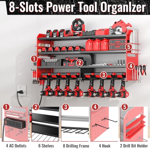 VeyFolzin Red Power Tool Organizer Wall Mount with Charging Station - Heavy Duty Metal, 4 Layers, 8 Drill Slots, 4-Outlet Power Strip