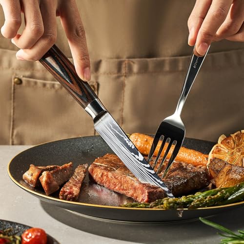 Senken Non-Serrated Damascus Pattern Steak Knife Set of 6 - Razor Sharp Stainless Steel & Wood Handles