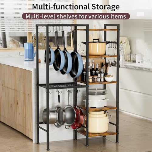Heavy-Duty 5-Tier Pot and Pan Organizer Rack with Hooks for Kitchen Storage
