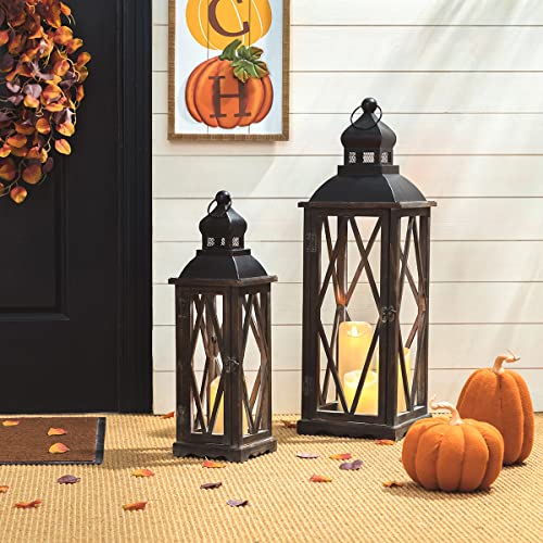 Diamond Black Farmhouse Lanterns Set of 2 Indoor Outdoor Candle Holders Large & Small