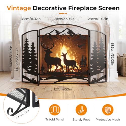 BEAMNOVA Fireplace Screen Black 50 x 32 in Deer Trees Pattern, 3-Panel