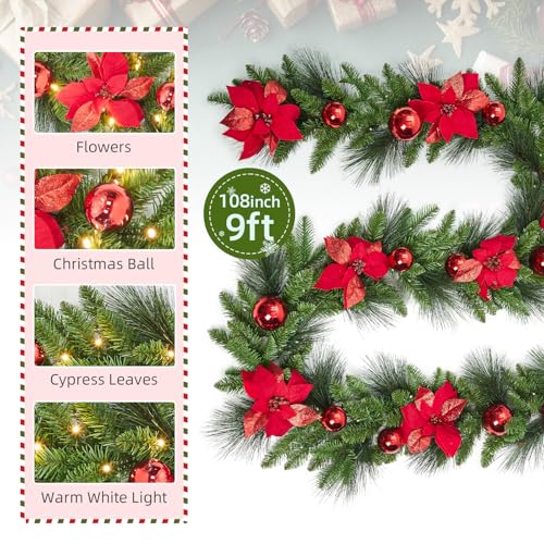 Garvee 9 ft Red Pre-Lit Christmas Garland with LED Lights - Indoor/Outdoor Cypress Leaves & Flower Accents