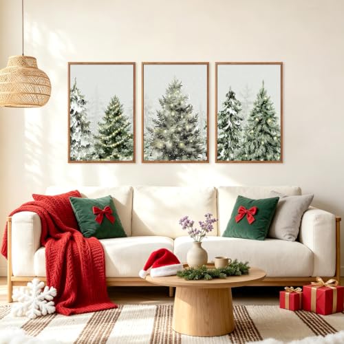 Large Framed Christmas Tree Wall Art - Winter Snowy Pine Scene, 24x36 Inches, Holiday Decor