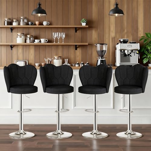 Adjustable Velvet Bar Stools Set of 2 with Backrest - Black