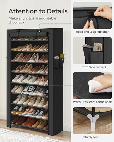 Black 10-Tier Shoe Rack with Cover, Holds 40-50 Pairs, Easy Assembly
