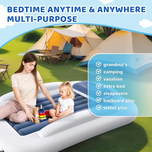 Inflatable Toddler Travel Bed - 60 Inch Portable Air Mattress with Safety Sides - Blue - Easy to Inflate with Pump & Carry Case