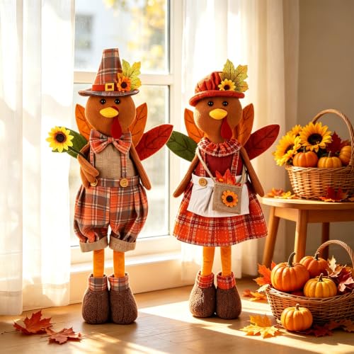 Set of 2 Adjustable Thanksgiving Turkey Couple Figurines - Fall Harvest Decor
