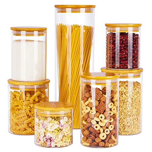 Vtopmart 7 Pack Glass Food Storage Jars Set with Bamboo Lids - 15oz to 74oz Kitchen Containers for Pantry Organization