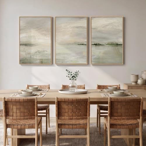 Sage Green Abstract Landscape Wall Art Set - 3 Pieces 16x24 Inches with Wood Frames - Modern Bedroom Decor (Variation: Warm Green / 16" W x 24" H x 3pcs)