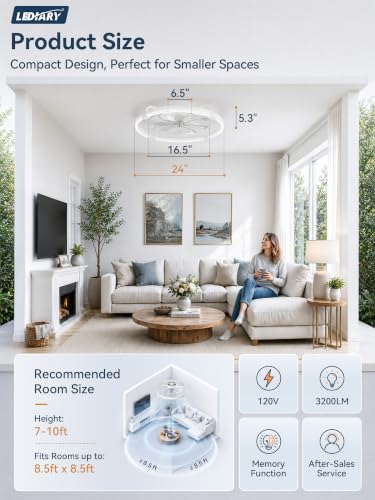 LEDIARY 24-Inch White Low Profile Ceiling Fan with Lights, Remote & App Control