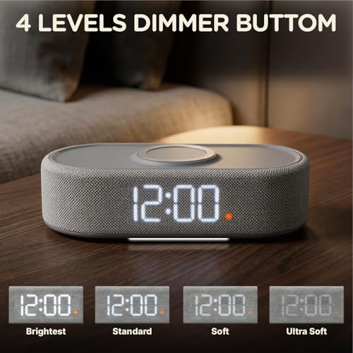 Fabric Digital Alarm Clock with Wireless Charging - Beige - Dual Alarm & Dimmable Display