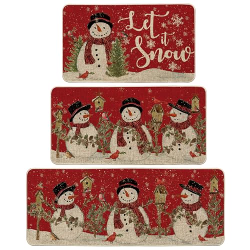 Red Let It Snow Snowman Cardinal Bird Kitchen Rugs 3-Piece Set 17"x29"+17"x36"+17"x47"