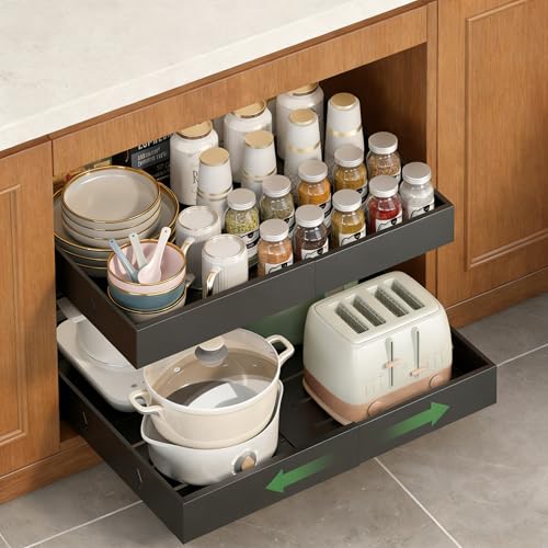 RUILALIFE Black 2-Pack Expandable Pull-Out Cabinet Organizers - No Drill, Slide Out Drawers, Adjustable Width 12.6-20.47 inches