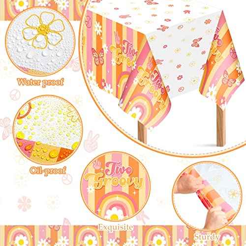 Jecery 3 Pcs Rainbow Plastic Two Groovy Tablecloths Birthday Decorations Groovy Christmas Decorations Retro Hippie Daisy Flower Decor for 60s 70s Retro Boho Themed Girl 2nd Birthday Supplies