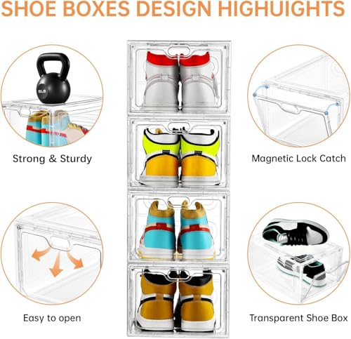 Clear Shoe Storage Box 6 Pack with Magnetic Door - Stackable Shoe Organizer for Sneakers, Fits US Size 12 - INSTY