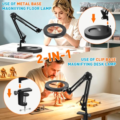 KIRKAS 12X Magnifying Glass with Light & Stand, Black, 9.06in Clamp & Base