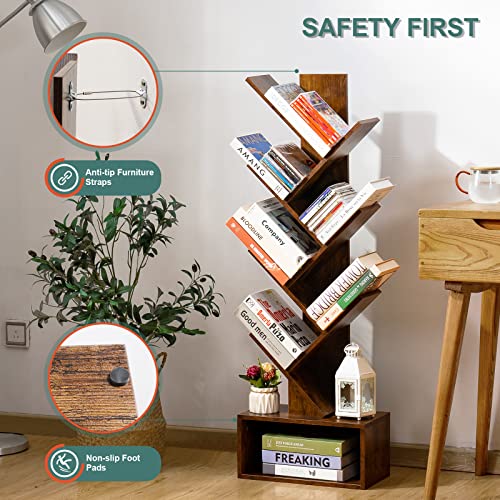 Yoobure Rustic Brown 6 Shelf Tree Bookshelf - Tall Wooden Book Storage Rack