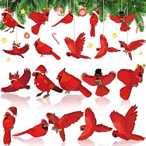 40 Red Cardinal Christmas Ornaments - Wooden Cardinal Birds Hanging Decor for Xmas Tree, Memorial Home, Wedding Gift