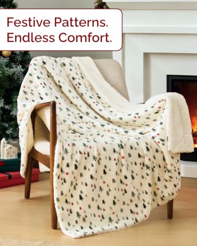 Christmas Sherpa Blanket Throw Size, Reversible - Trees, 50x60