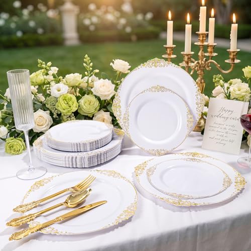 200PCS White and Gold Plates Disposable - Plastic for Wedding