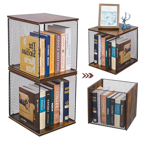 Stackable Cube Storage Organizer with Wooden & Iron Mesh Panels - Walnut Brown, 11.8x12.6x13.7 Inches