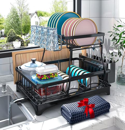 Godboat 2-Tier Dish Drying Rack - Auto Drain-to-Sink Black