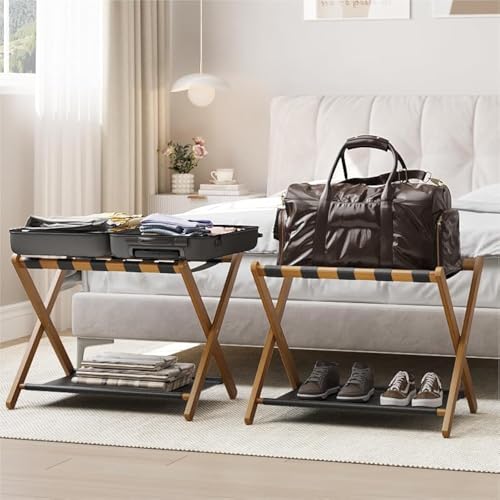 Smart FENDEE Walnut Bamboo Folding Luggage Rack 2 Pack, Suitcase Stand with Storage Shelf for Hotel & Guest Room