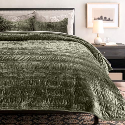 EverGrace King Size Velvet Quilt Set Olive Green Ruched Lightweight Bedding