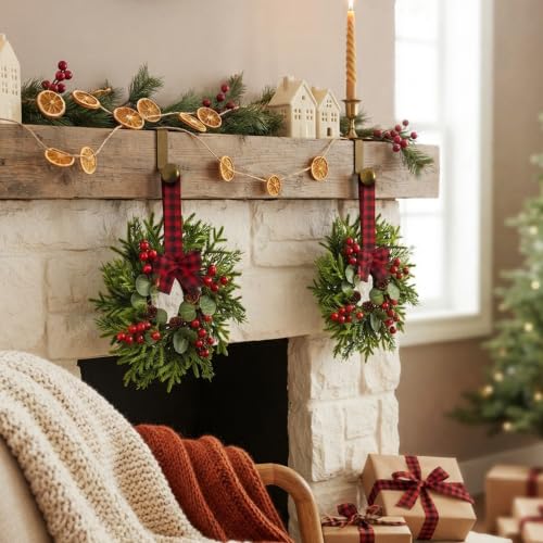JUSTOTRY 2pc Mini Christmas Wreath with Red Berry Pine Eucalyptus - Kitchen Cabinet Window Decor