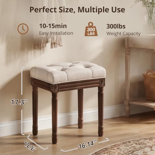 French Vintage Vanity Bench with Carved Dark Brown Wood Legs and Linen Cushion - Linen & Dark Brown Variation