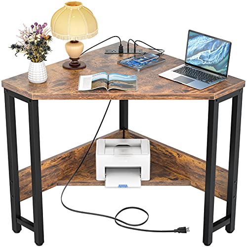 Rustic Corner Small Desk with Outlets & USB Ports - Triangle Home Office Table