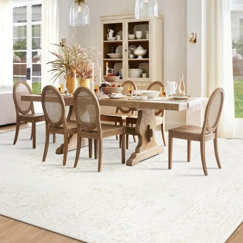 Beige 8x10 Washable Vintage Area Rug - Non-Slip Low Pile Carpet for Living Room