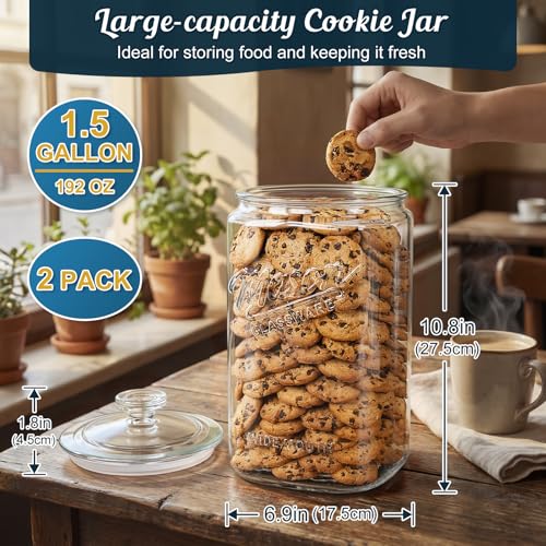 Dwbligt 1.5 Gallon Glass Cookie Jars with Airtight Lids, 2 Pack – Large Mason Style Food Storage Containers