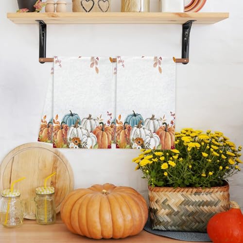 Fall Pumpkin Hand Towels Set of 2, Autumn Maple Leaves Boho Floral Thanksgiving Harvest Soft Absorbent Small Bath Towel Kitchen Dish Guest Towel for Bathroom Hotel Gym Spa