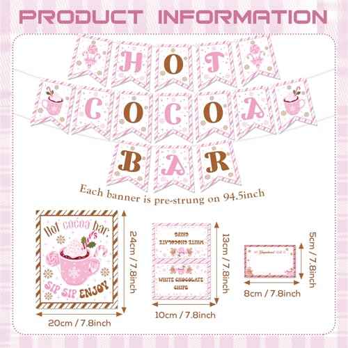 Hot Chocolate Bar Decor - 39 Pcs Pink Cocoa Gingerbread Man Banner Signs Toppings Tent Cards Name Game Labels Decorations Kit Party Supplies for Winter Christmas Holiday Birthday New Year